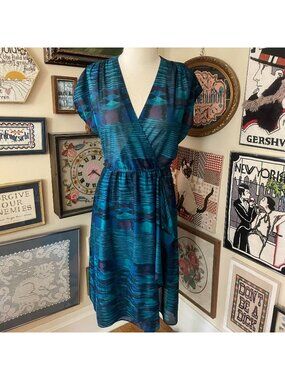 80s Vintage Ms. Sugar Blue & Teal Abstract Print Short Sleeve Dress Size 14